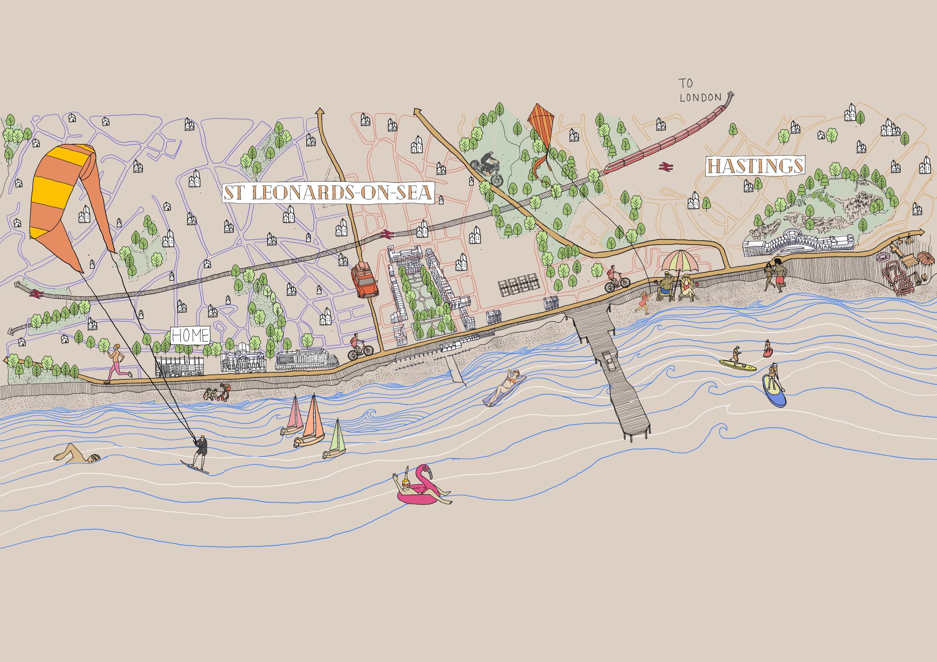 Hand-drawn map of St Leonards-on-Sea and Hastings